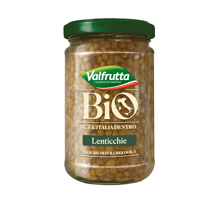 Valfrutta linzen BIO in glas 360 g, glazen pot met linzen in amberkleurig vocht