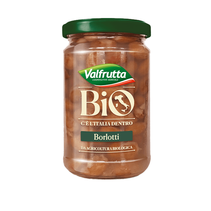 Valfrutta borlotti bonen BIO in glas 360 g, glazen pot met gespikkelde bonen