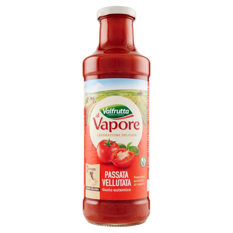 Valfrutta Passata Vellutata al Vapore 700 g, bottiglia di vetro con decoro in rilievo