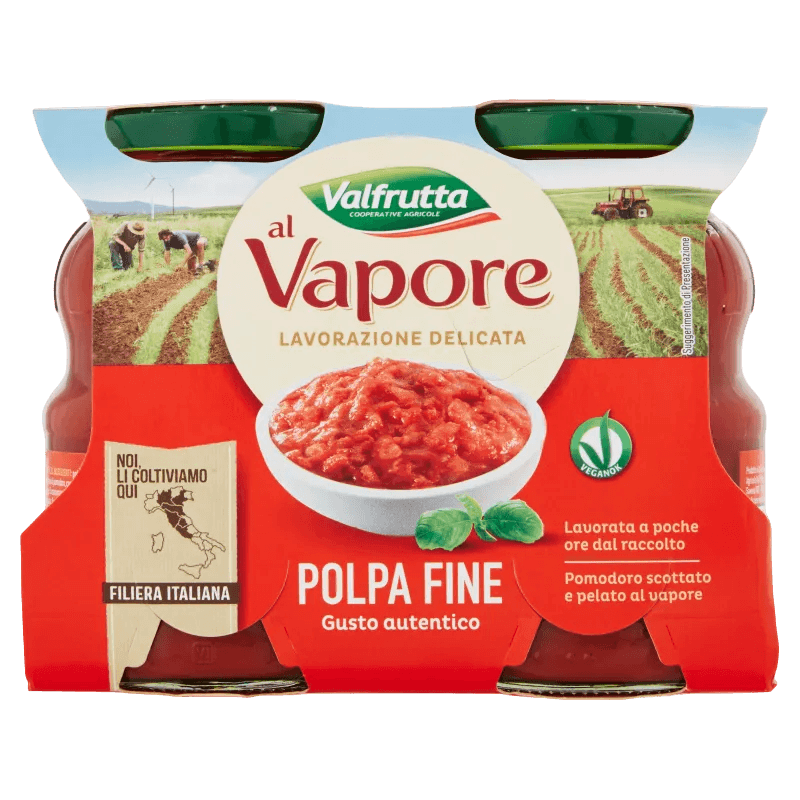Valfrutta Polpa Fine al Vapore 2 x 330 g, verpakking met twee glazen flessen