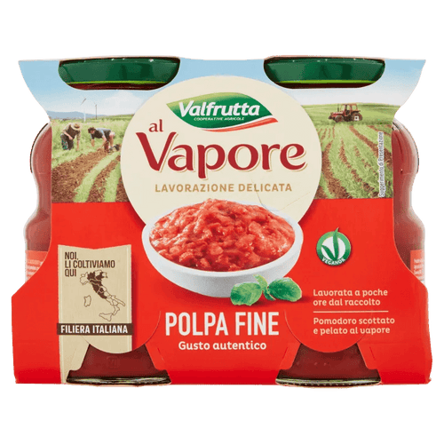 Valfrutta Polpa Fine al Vapore 2 x 330 g, verpakking met twee glazen flessen