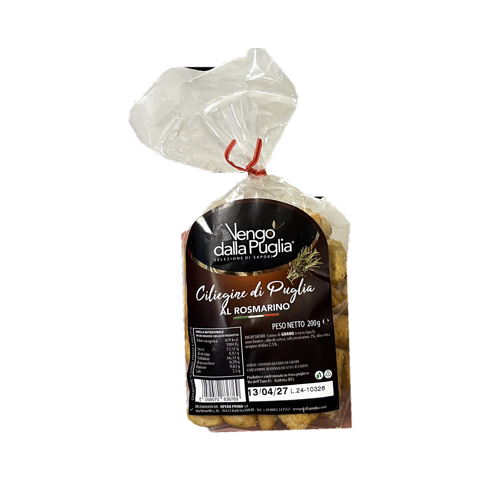 Vengo dalla Puglia Ciliegine di Puglia al Rosmarino 200 g, doorzichtige zak met rood strikje