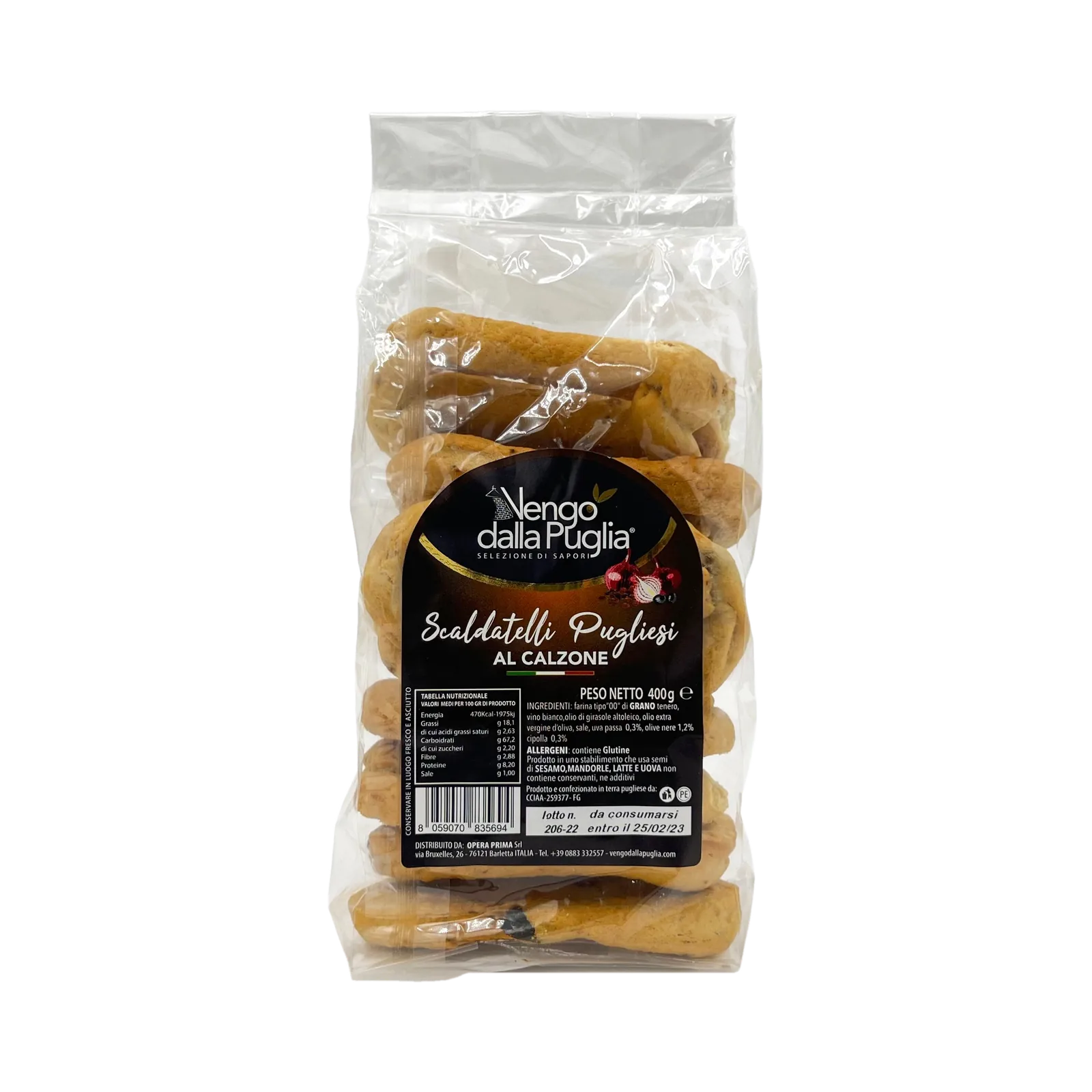 Vengo dalla Puglia Scaldatelli Pugliesi al Calzone 400 g, doorzichtige zak met zwart etiket