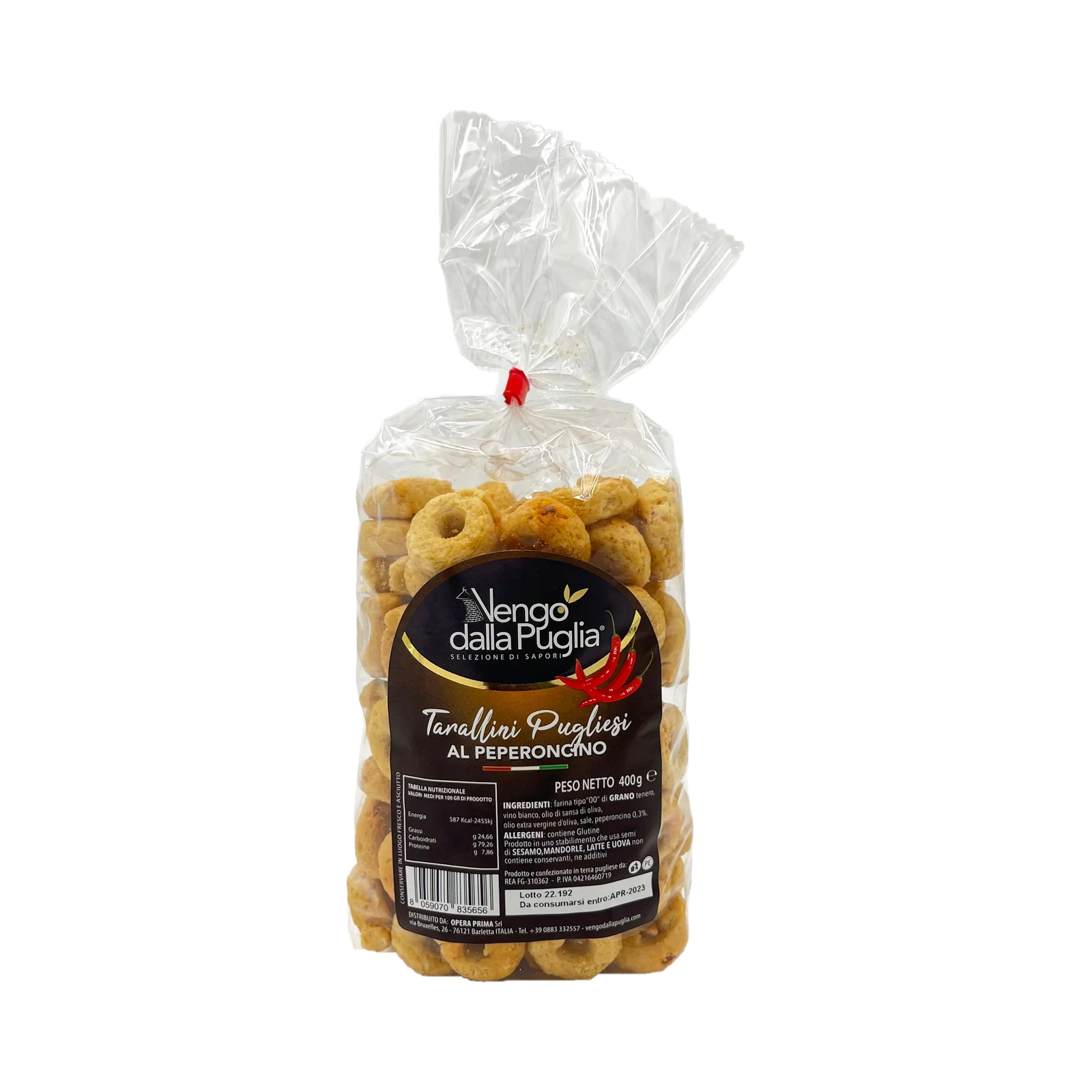 Vengo dalla Puglia Tarallini Pugliesi al Peperoncino 400 g, doorzichtige zak met rood strikje