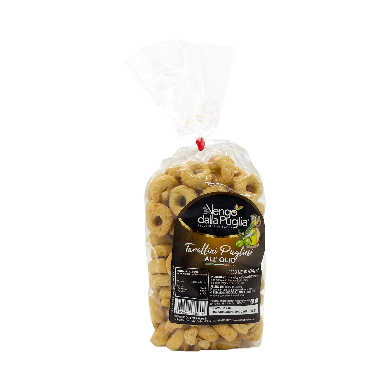 Vengo dalla Puglia Tarallini Pugliesi all'Olio 400 g, doorzichtige zak met rood strikje