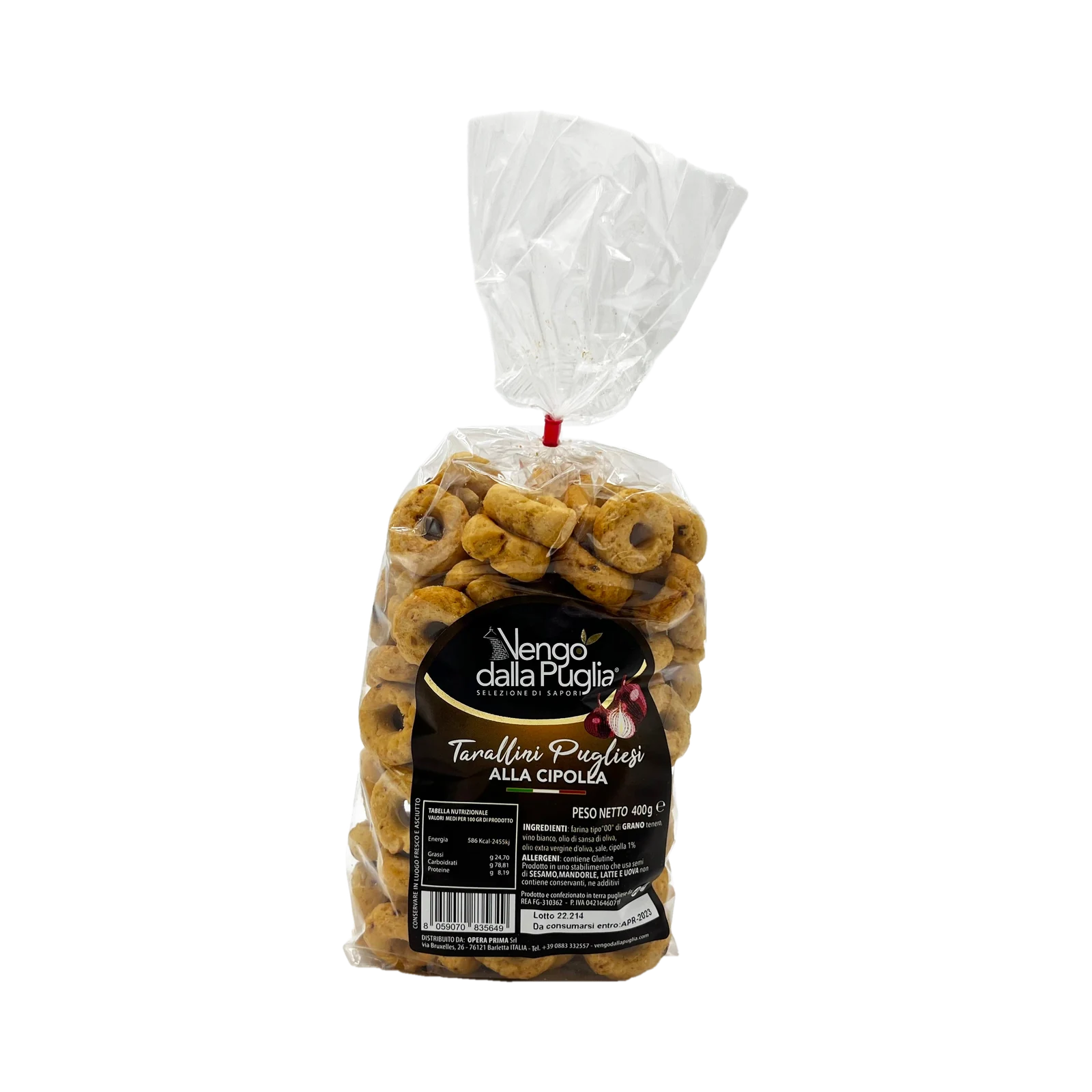 Vengo dalla Puglia Tarallini Pugliesi alla Cipolla 400 g, doorzichtige zak met rood strikje