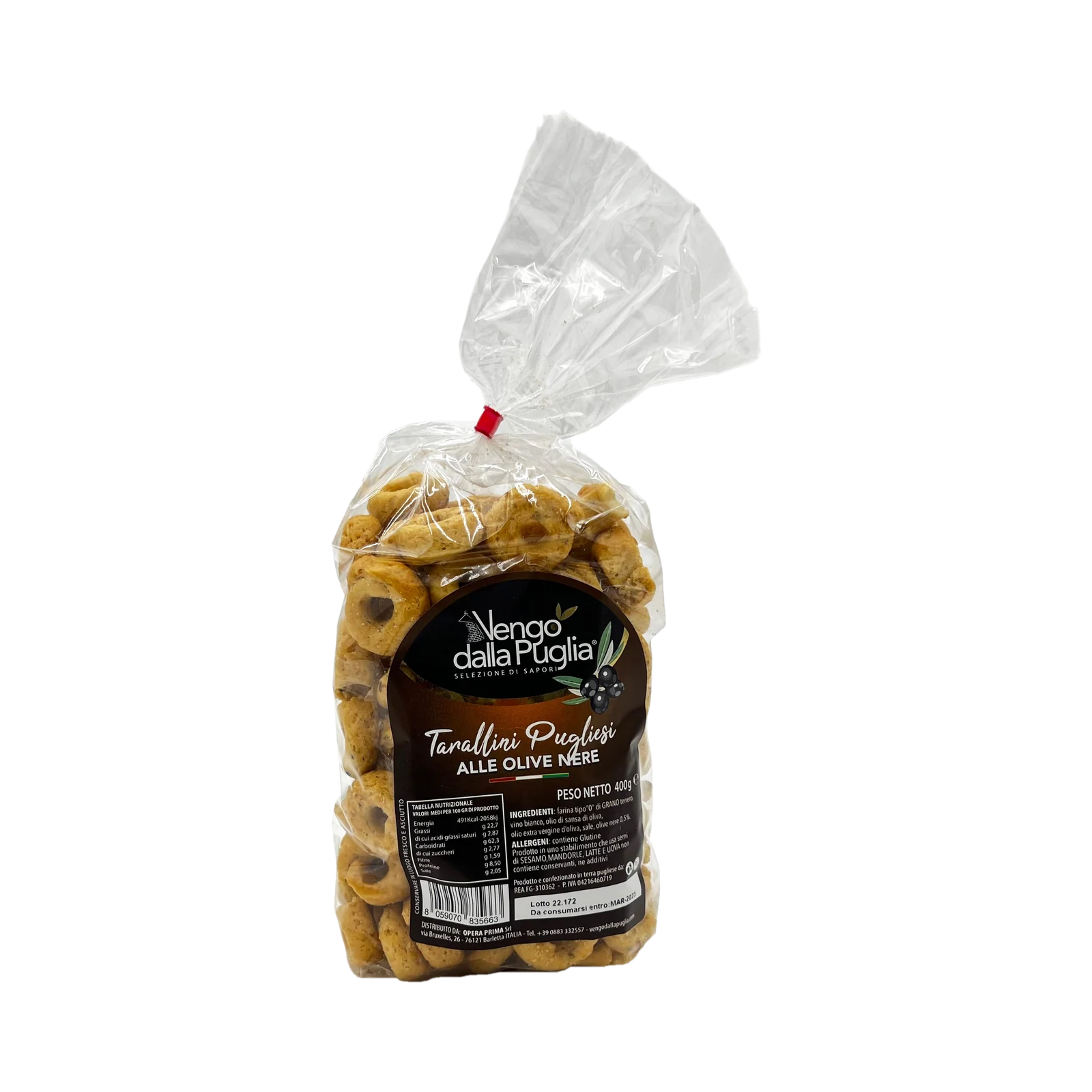 Vengo dalla Puglia Tarallini Pugliesi alle Olive Nere 400 g, doorzichtige zak met rood strikje