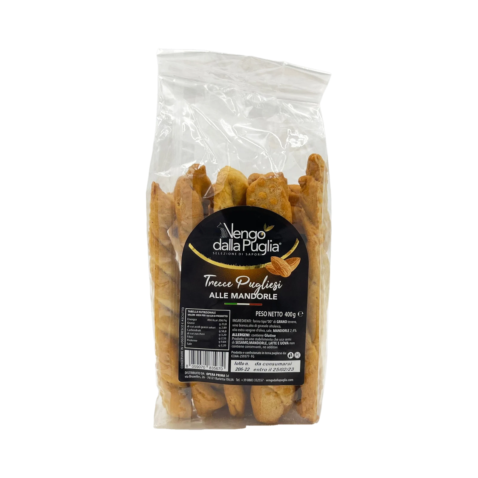 Vengo dalla Puglia Trecce Pugliesi alle Mandorle 400 g, doorzichtige zak met gevlochten hartige stengels