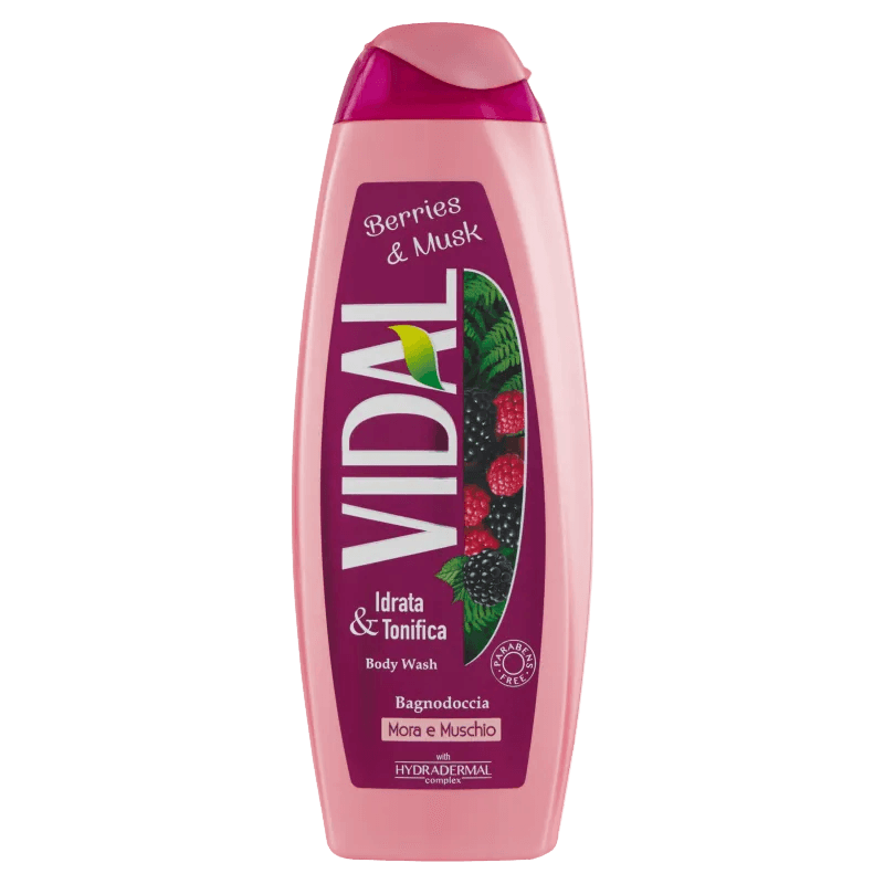 Vidal Bagnoschiuma Mora e Muschio 500 ml, flacon met de geur van sappige braam en muskus