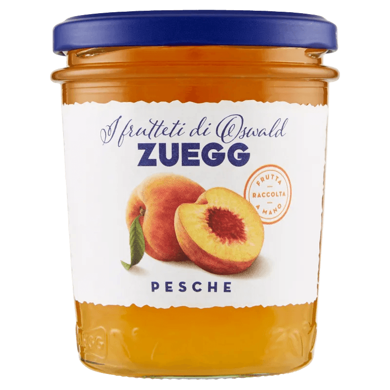 Zuegg Confettura Extra di Pesche 320 g, glazen pot met blauwe deksel
